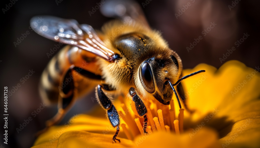 Busy honey bee collecting pollen from a yellow flower blossom generated by AI Busy honey bee collecting pollen from a yellow flower blossom generated by AI