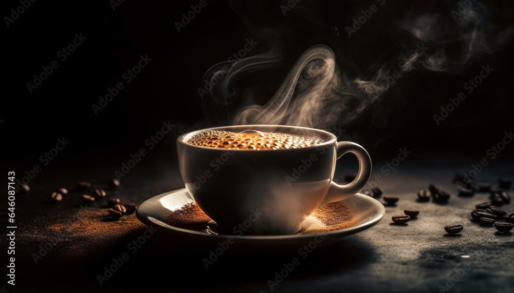 Dark coffee bean aroma fills elegant coffee shop backdrop generated by AI Dark coffee bean aroma fills elegant coffee shop backdrop generated by AI