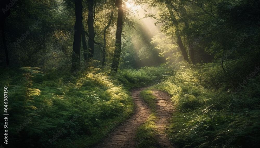 Tranquil forest footpath, sunlight through trees, mysterious wilderness adventure generated by AI