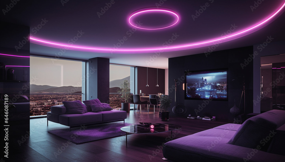 Modern luxury apartment with comfortable sofa and illuminated electric lamp generated by AI Modern luxury apartment with comfortable sofa and illuminated electric lamp generated by AI