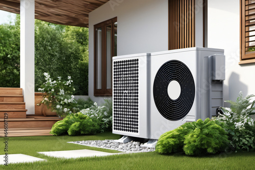 Wärmepumpe im Garten vor der Hauswand