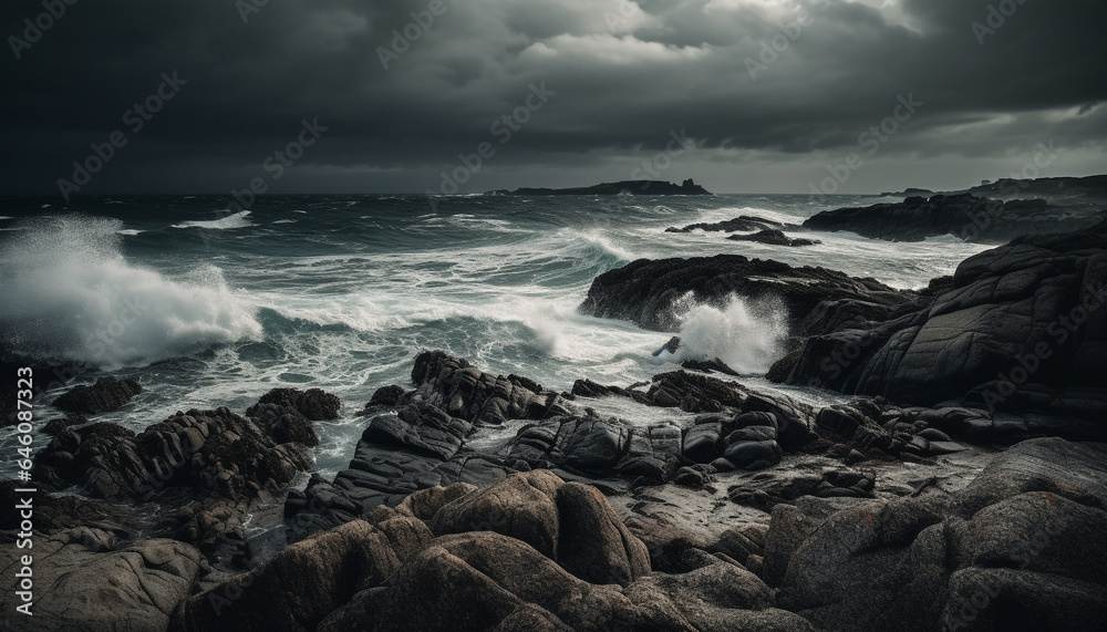 Fototapeta premium Breaking waves crash against rocky coastline in dramatic sunset seascape generated by AI
