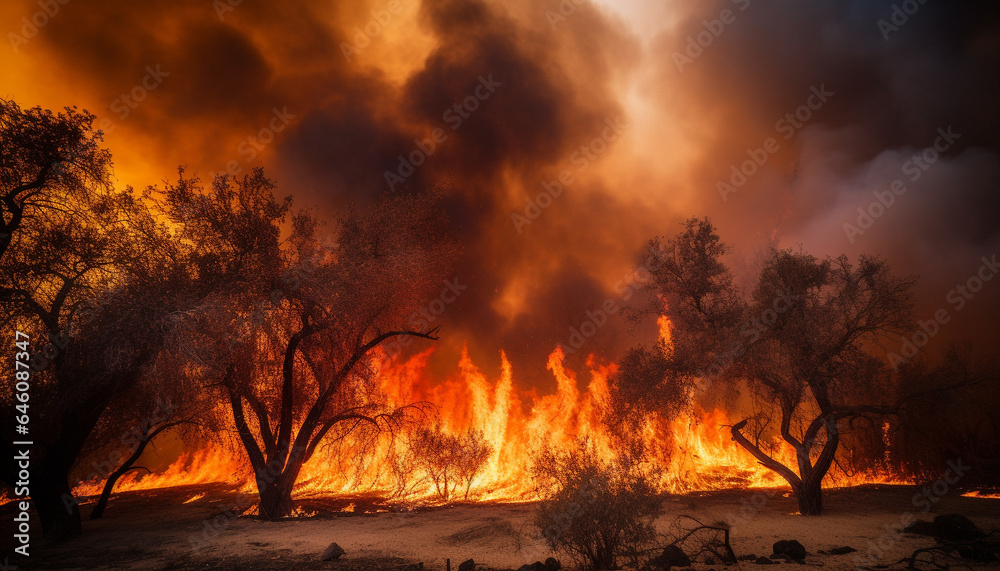 Forest fire inferno nature destruction, a glowing mystery at dusk generated by AI
