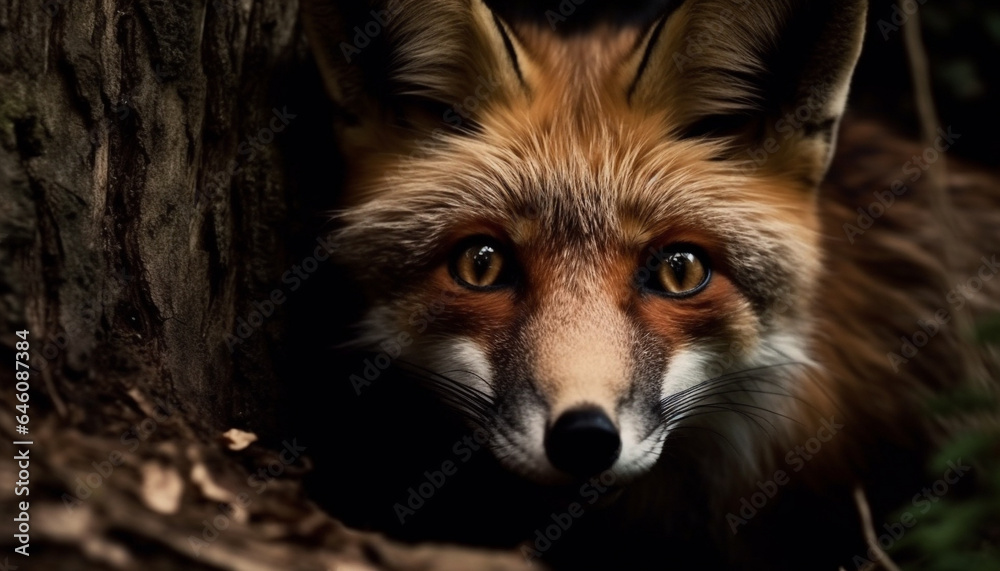 Fototapeta premium Red fox staring, cute and alert, in natural forest beauty generated by AI