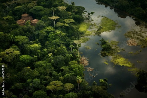 Bird's-eye view of the lush Amazon jungle. Generative AI
