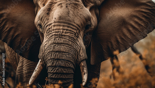 Large African elephant walking in tranquil savannah, tusk and trunk generated by AI