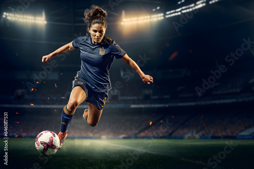 Woman soccer player in jersey dribbling football on field with the stadium background, Full of determination and passion, Generative AI