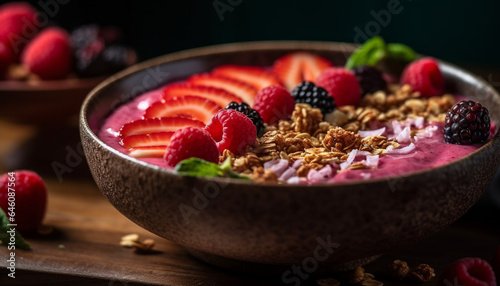 A rustic bowl of organic granola, yogurt, and mixed berries generated by AI