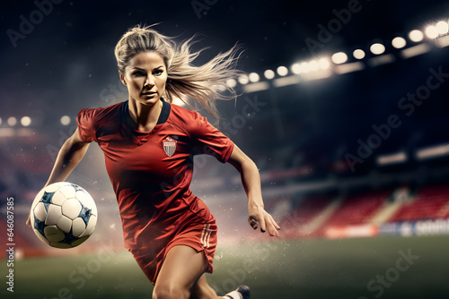 Woman soccer player in jersey playing football on field with the stadium is background, Full of determination and passion, Generative AI © rabbizz77