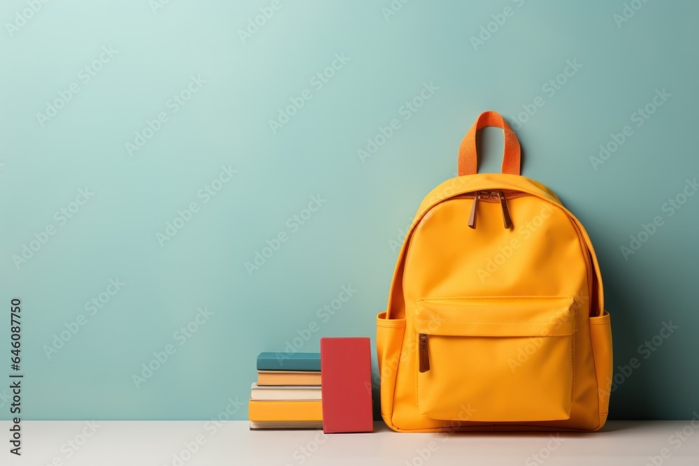 backpack on the table, with school supplies sticking out of it. school, study or teachers day concept. generative ai - obrazy, fototapety, plakaty 