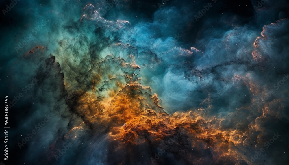 Fantasy landscape with glowing nebula in dramatic sky backdrop generated by AI