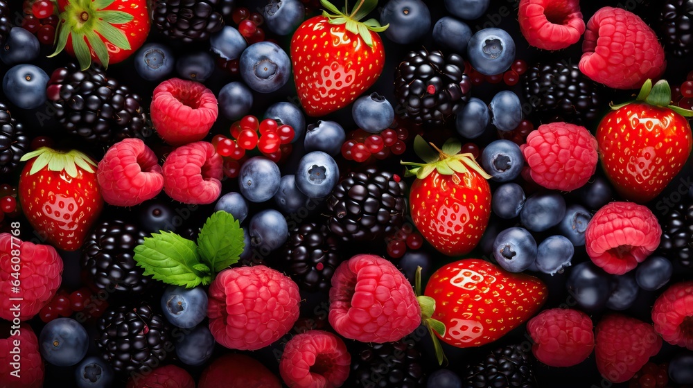 Berry mix of strawbwerry blueberry raspberry, colorful full background