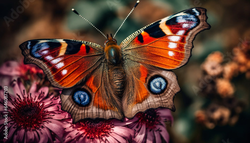 Graceful butterfly with spotted wings pollinating a vibrant flower generated by AI