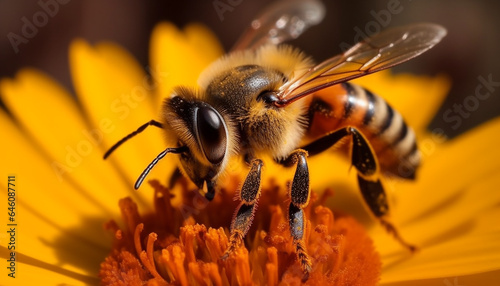 Busy honey bee working on a yellow flower in nature generated by AI © Stockgiu