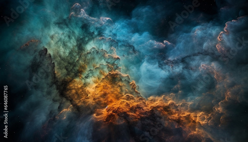 Fantasy landscape with glowing nebula in dramatic sky backdrop generated by AI