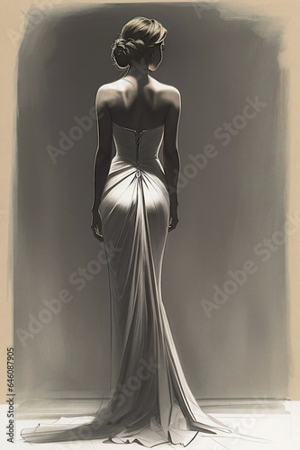 Sketch Drawing - The Rear View of a Beautiful Lady in a Long Dress