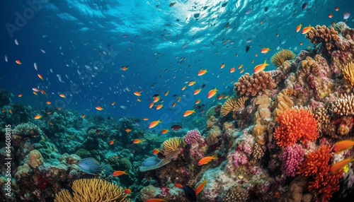 Colorful underwater reef teeming with tropical fish and aquatic beauty generated by AI