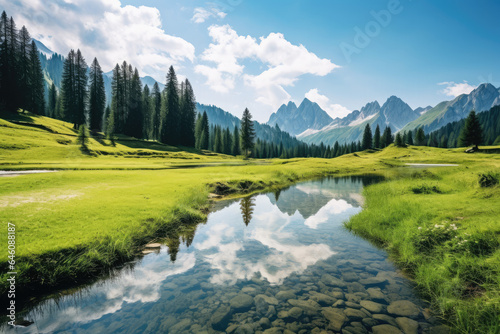 Meadow with river flowing next to a mountains landscape