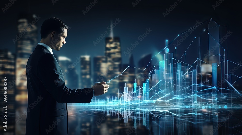 Businessman use digital improvement graph, modern future technology, city background - obrazy, fototapety, plakaty 
