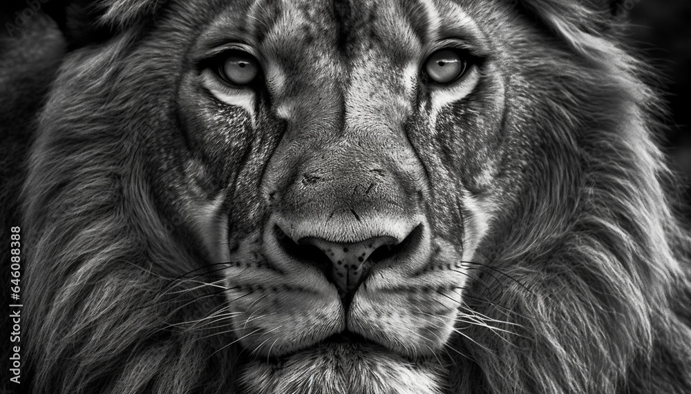 Majestic lion staring at camera, focus on large animal head generated by AI