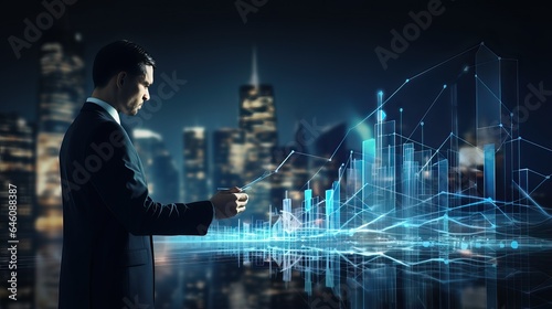 Businessman use digital improvement graph, modern future technology, city background