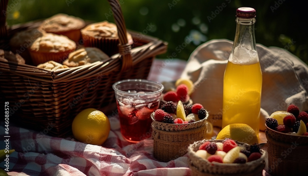 Organic berry picnic Fresh fruit, homemade dessert, and refreshing lemonade generated by AI