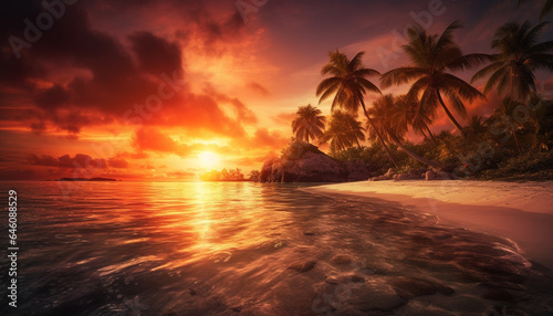 Idyllic tropical sunset, palm tree beauty in nature, tranquil waters edge generated by AI
