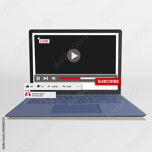 LAPTOP MOCKUP. Frame video player interface. Design mockup video channel laptop. Tube window template with subscribe for web, media app.