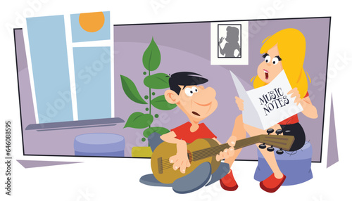 Girl scolds guy with guitar. Illustration for internet and mobile website.