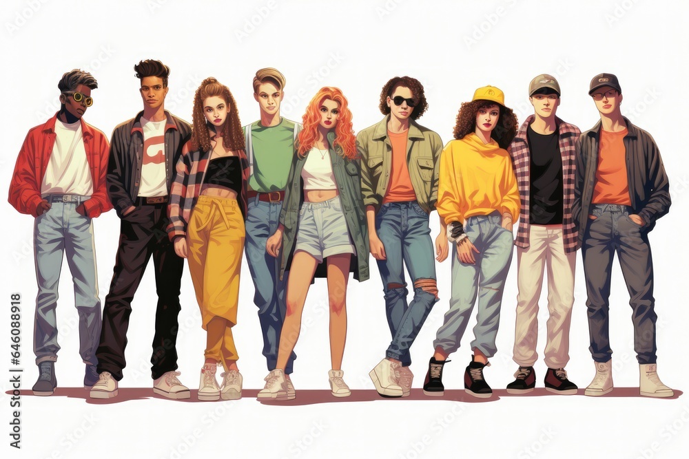 Obraz premium Group of teenagers dressed in 90s style clothing 