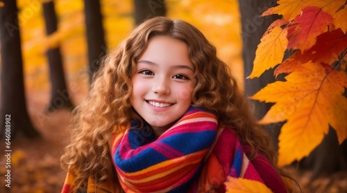 A medium shot portrait of a radiant teenager, capturing her vibrant spirit amidst a colorful autumn forest, generative AI