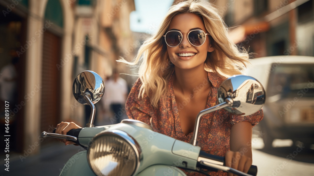 Young blonde woman riding vintage light blue scooter on the street, International Women Day, Confident Lady, travel trip holiday concept - obrazy, fototapety, plakaty 