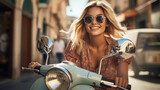 Young blonde woman riding vintage light blue scooter on the street, International Women Day, Confident Lady, travel trip holiday concept