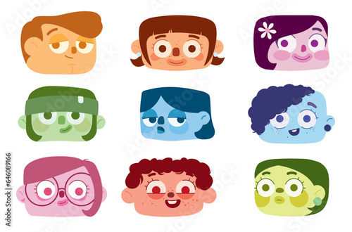 Set of vector avatars on a white background. Funny faces of different people in different bright colors.