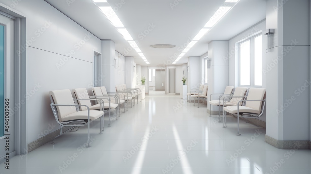 Hospital corridor with windows and white chairs, in the style of bokeh, light gray, bauhaus, light white, skillful. Generative AI image weber.