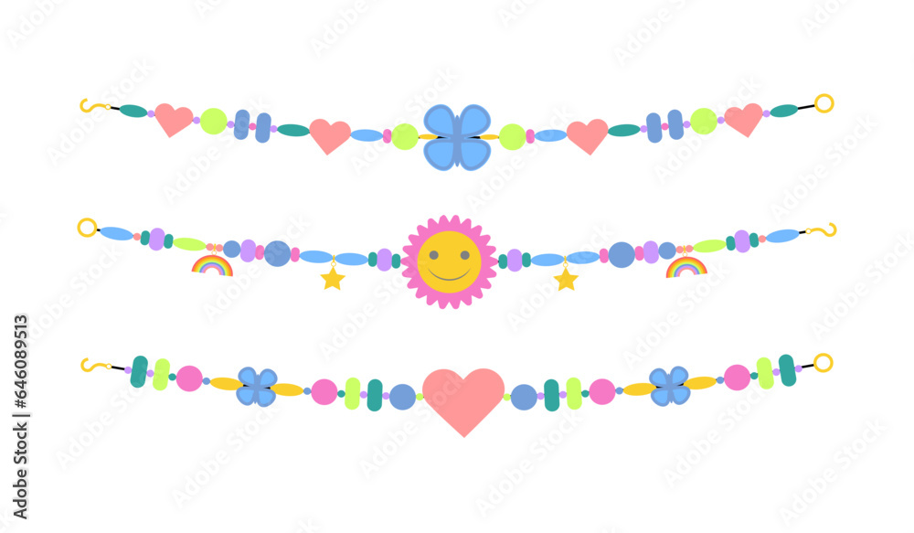 Handmade plastic bead bracelets. Friendship bracelets, kids handcraft cute accessories with with colored beads flat vector illustration set