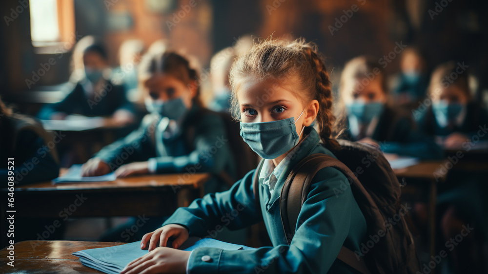 Children with masks, let's block viruses - obrazy, fototapety, plakaty 