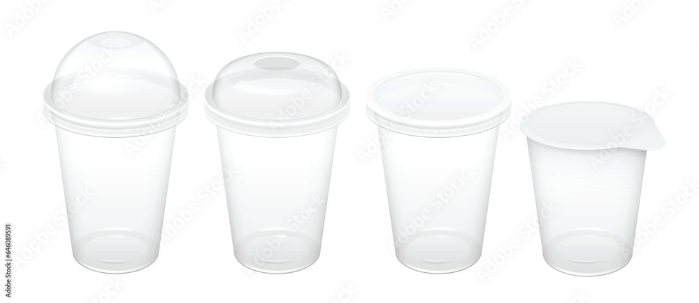 Realistic Transparent Disposable Plastic Cups With Lid. For various drinks, lemonade, fresh, coffee or ice cream. Mock up for brand template. vector illustration. Realistic Transparent Disposable Plastic Cups With Lid. For various drinks, lemonade, fresh, coffee or ice cream. Mock up for brand template. vector illustration.