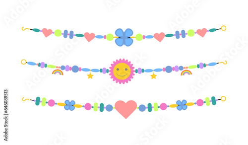 Obraz na płótnie Handmade plastic bead bracelets. Friendship bracelets, kids handcraft cute accessories with with colored beads flat vector illustration set w salonie