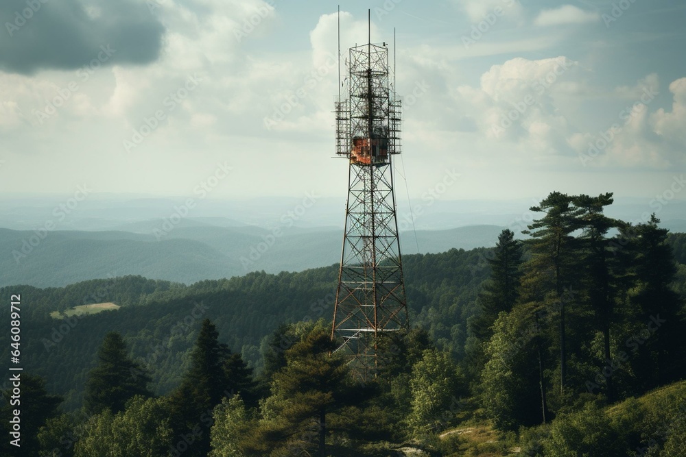 View of cell tower in forested West Virginia signifies inadequate rural internet connectivity. Generative AI