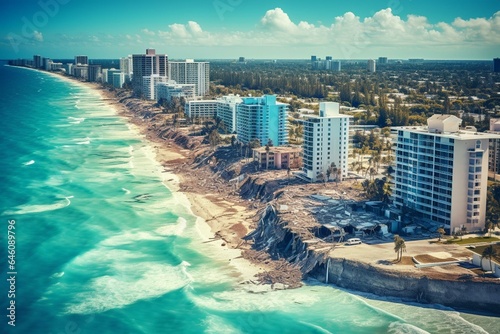 Building collapse in Miami Beach Florida. Panorama of city, ocean. Beautiful view of houses, hotels, resorts on island. Turquoise water. Generative AI