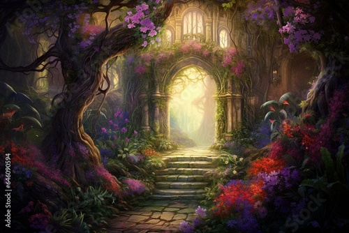 A serene enchanted garden with floral arches and lush foliage. A mystical painting of nature. Generative AI