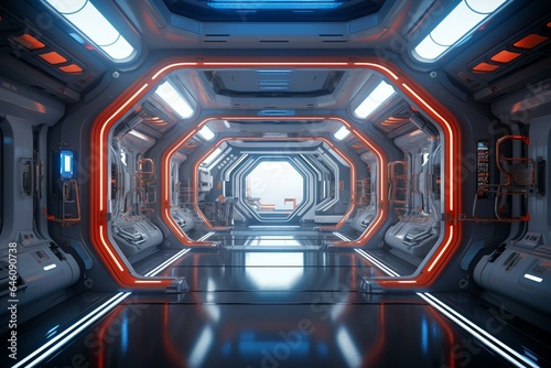 Brightly lit interior of a spaceship. Generative AI
