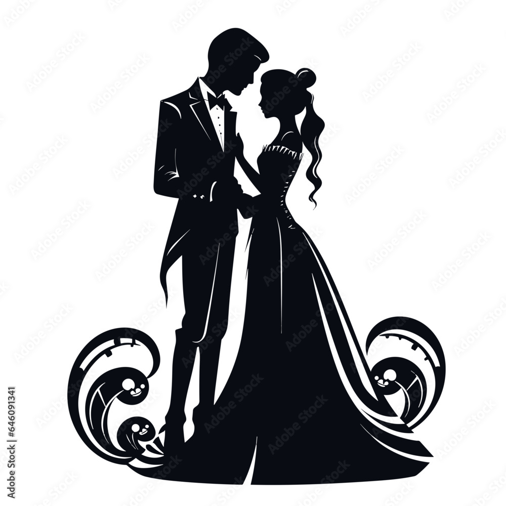Hochzeitssilhouette eines Liebespaares in schwarz-weiß