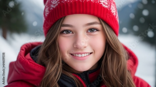 A medium shot portrait featuring a teenage girl, Her vibrant personality shines through as she enjoys a snowy day in the mountains, generative AI