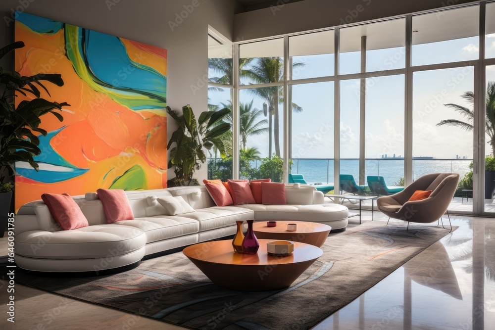 Fototapeta premium modern luxury condo living room with modern art (Generative AI)