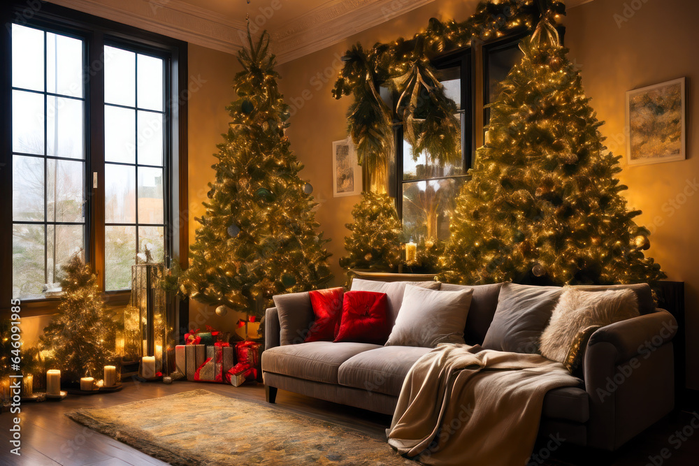 Digital closeup photo of a cozy living room with a lot of Christmas decoration. Interior design.