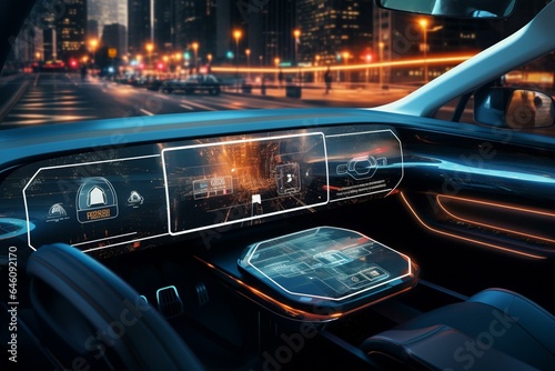 An advanced vehicle and interface connected to intelligent vehicles, displaying information via a futuristic HUD. Generative AI © Xiomara