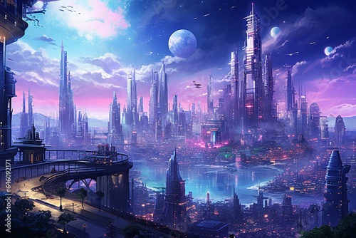 Futuristic cityscape with towering buildings  aerial vehicles  and vibrant illuminations  showcased in a nocturnal cyberpunk setting. Generative AI