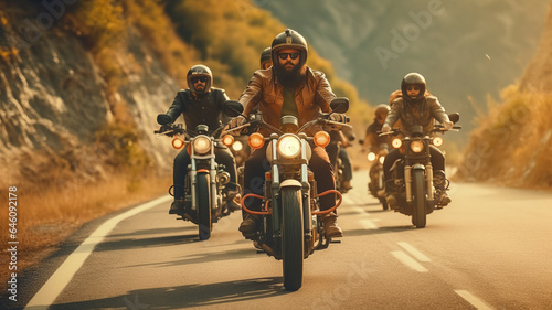 photograph of Group of friends motorcycle riders riding toghether. telephoto lens realistic morning light © JKLoma